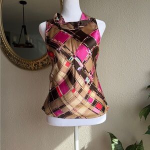 Sleeveless Cowl Neck Plaid Satin Top - Y2K silk blouse top